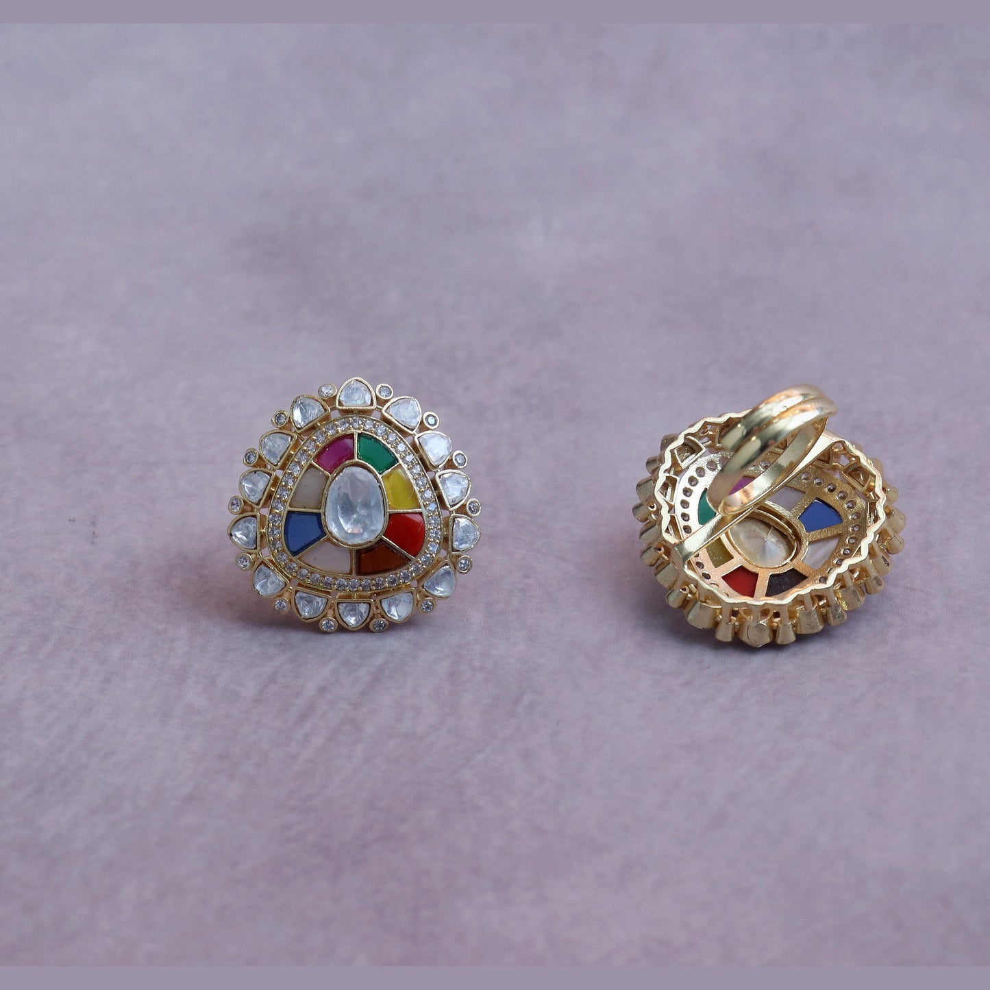 Multicolour Navratna Tear-Drop Kundan Adjustable Ring
