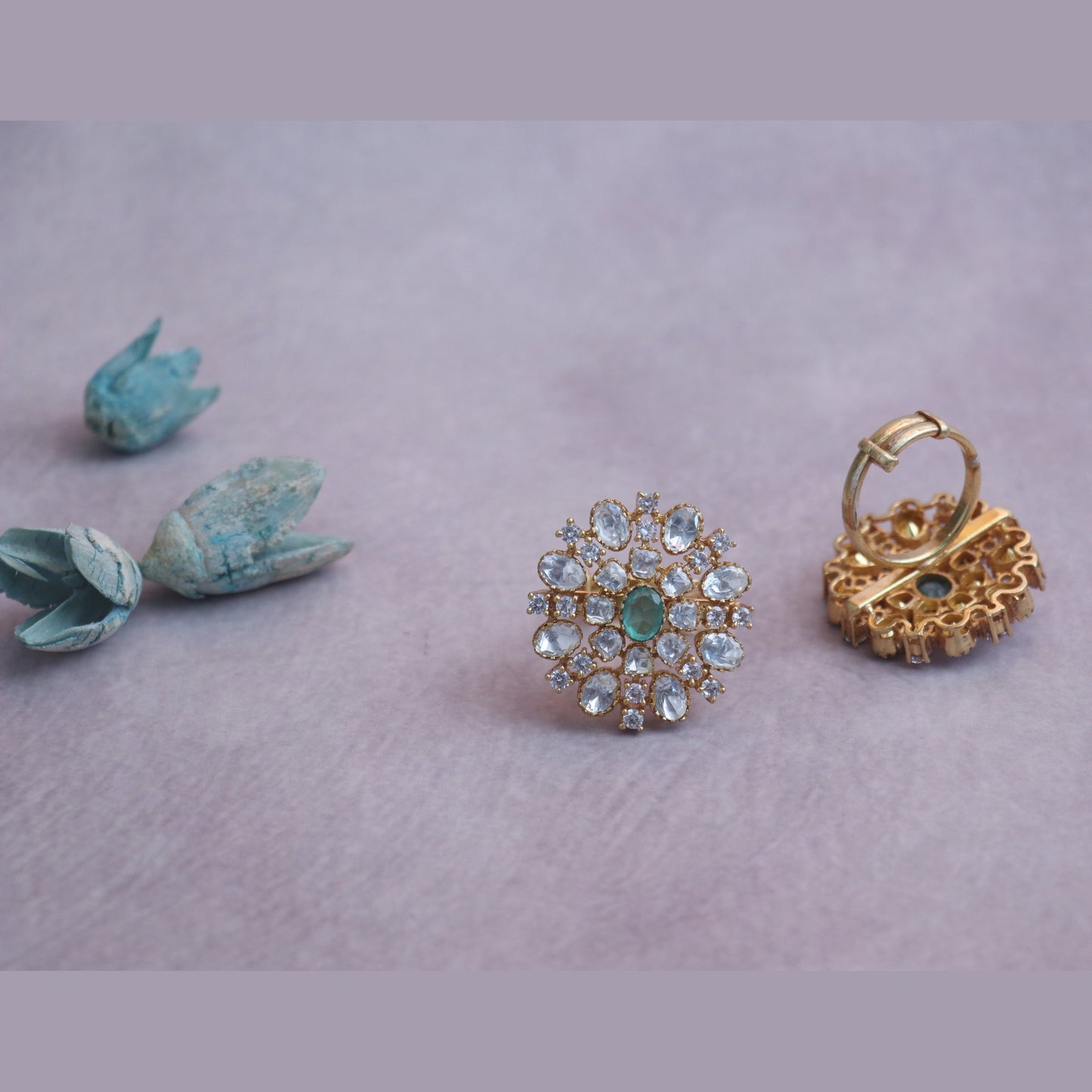 Mint Green Polki Floral Adjustable Statement Ring