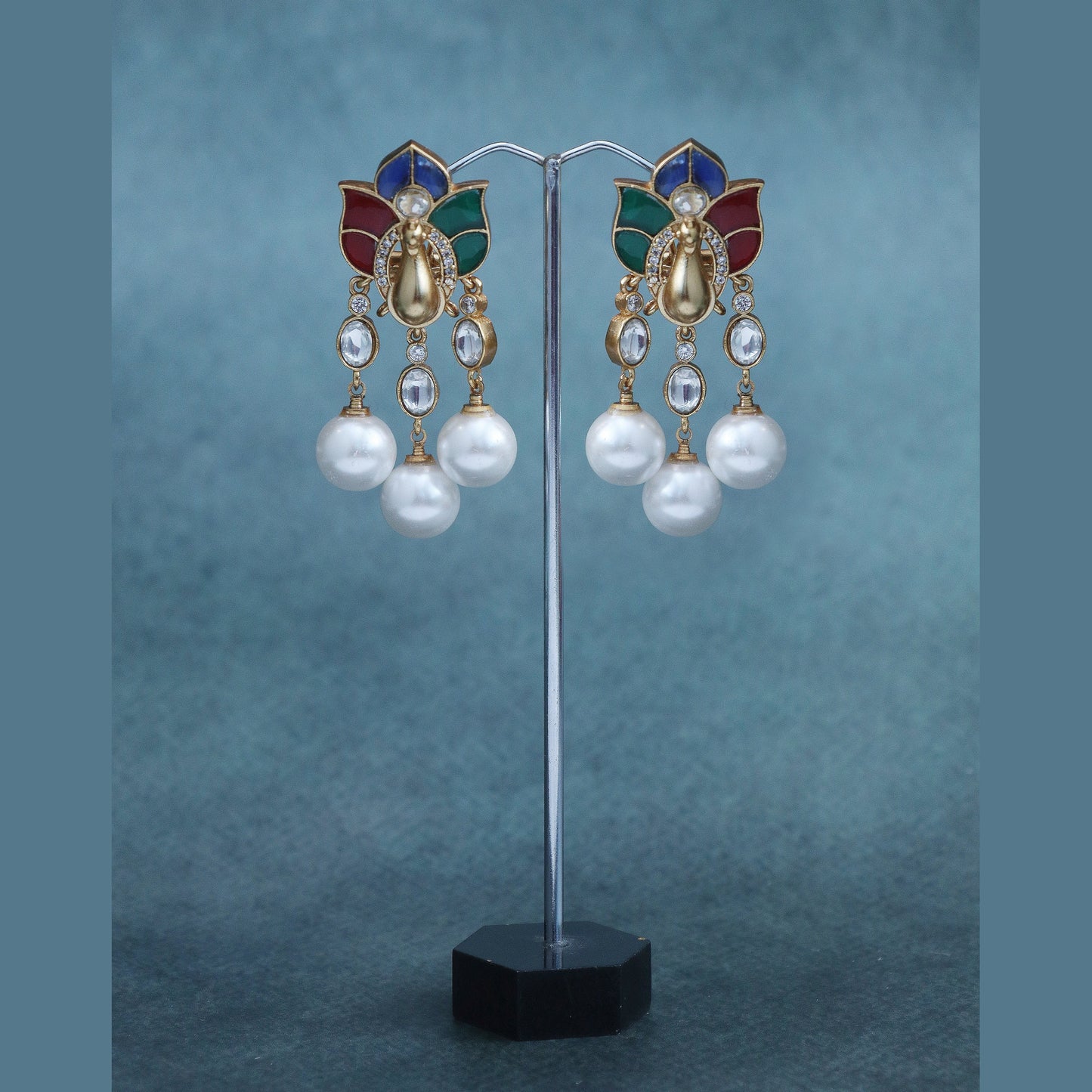 Navratan Meena & Pearl Drop Earrings