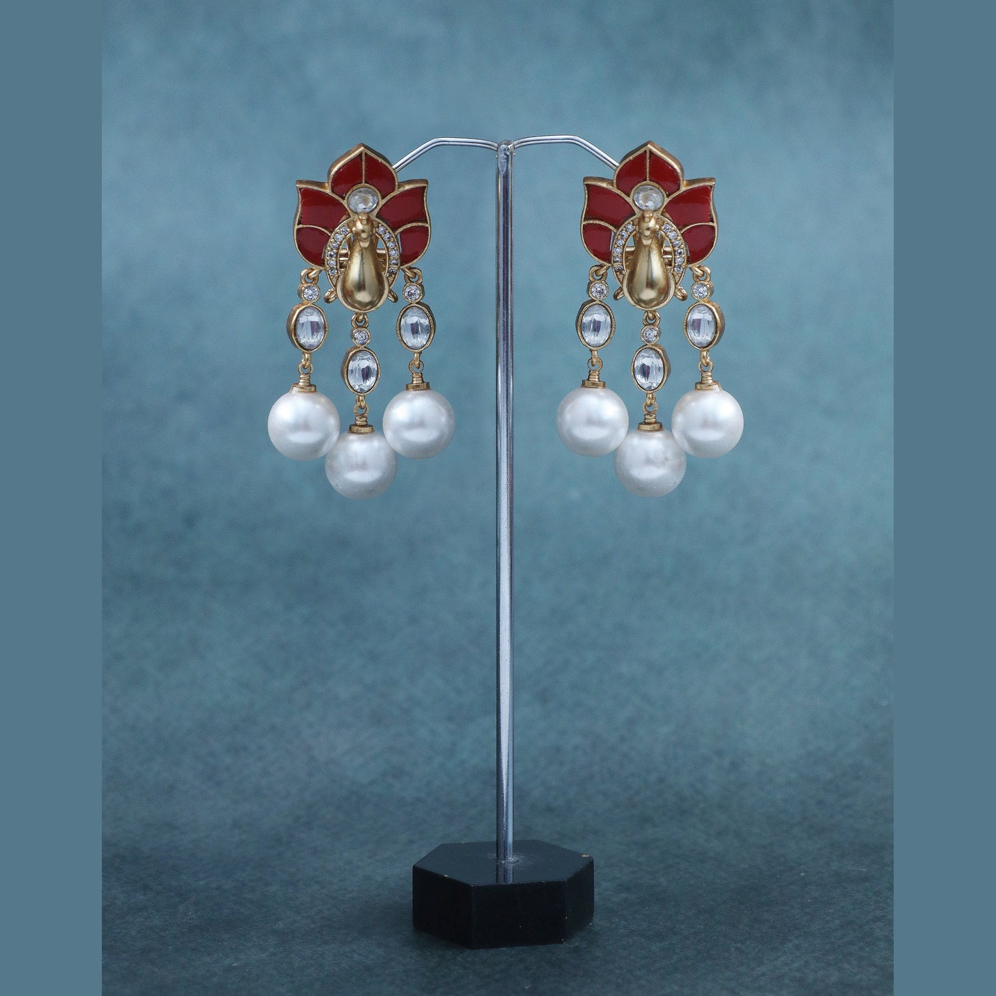 Regal Ruby Meena & Pearl Drop Earrings