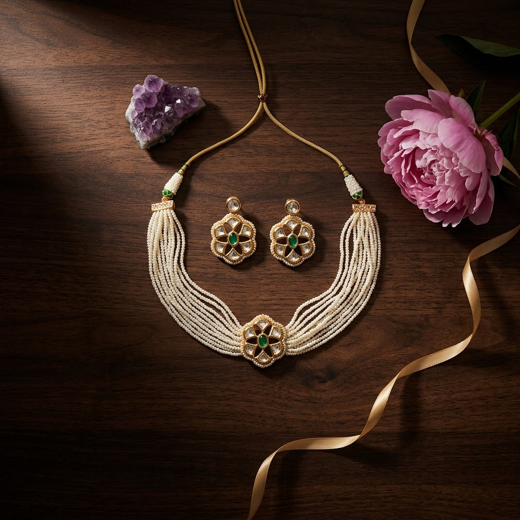 Green Kundan Floral Choker Set - Tabletop