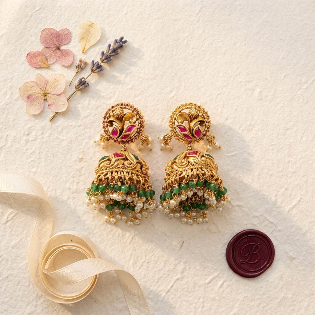 Multi Peacock Jhumka Earrings - Tabletop