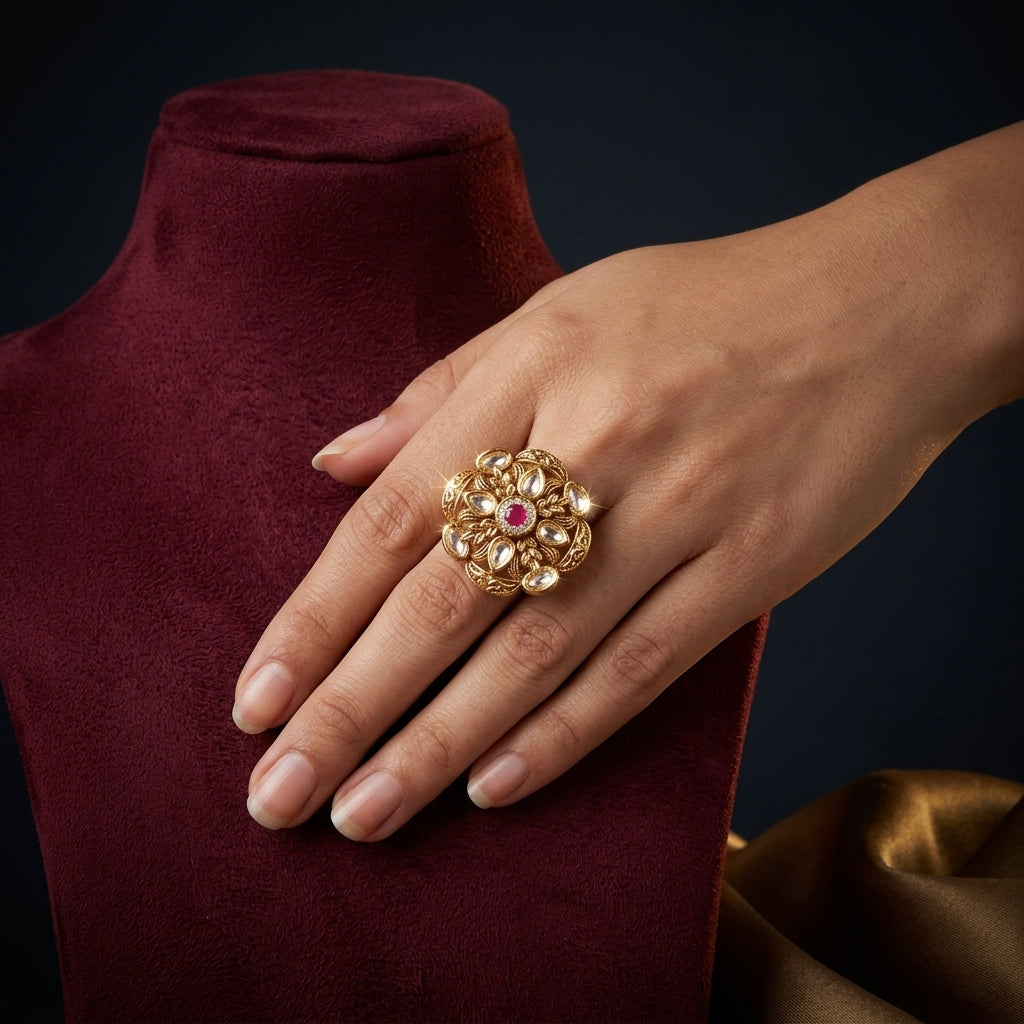 Ruby and Clear Floral Polki Ring - Mannequin