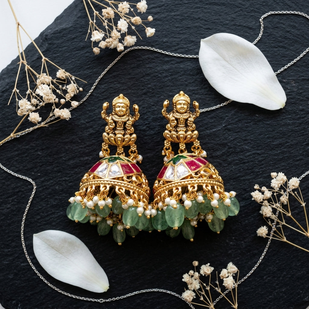 Green Temple Goddess Jhumka Pair - Tabletop
