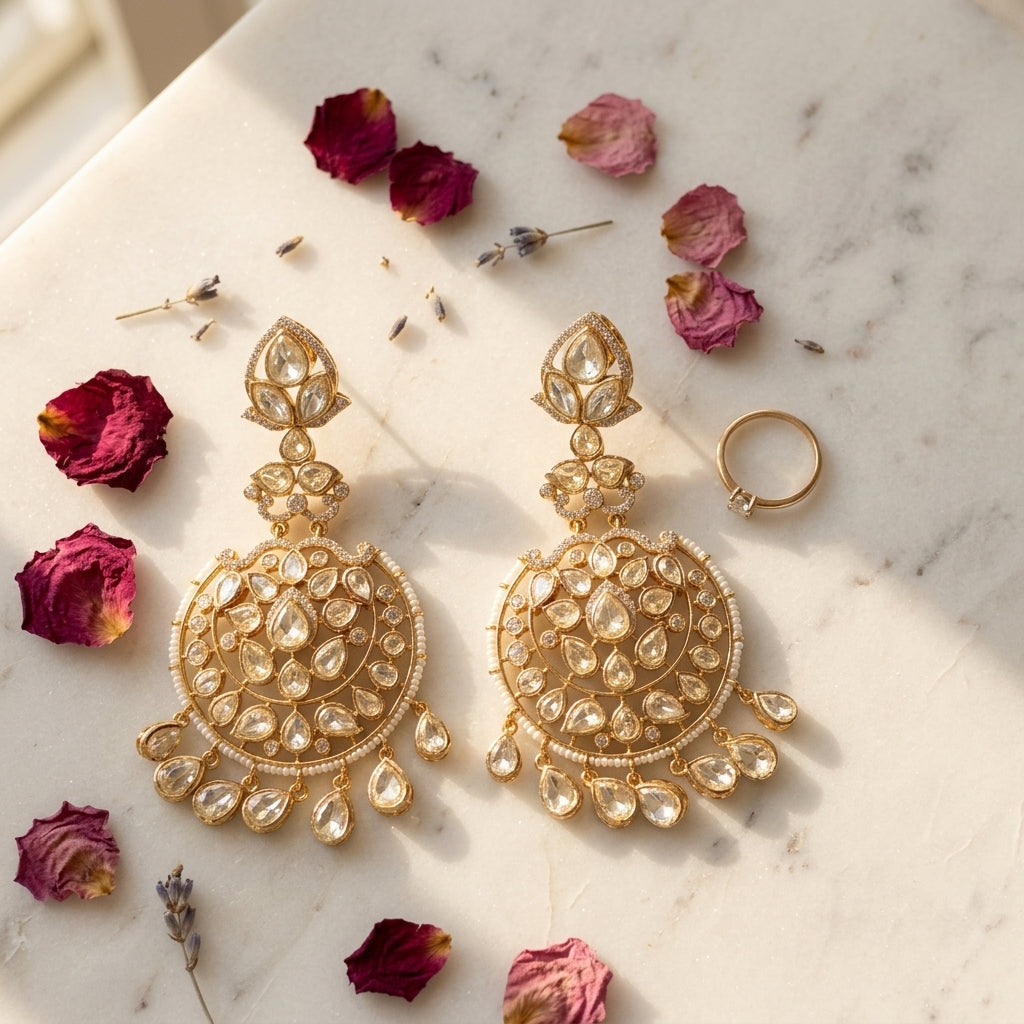 White Kundan Chandbali Earrings - Tabletop