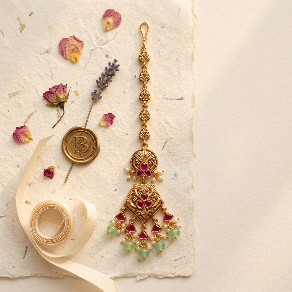 Ruby Intricate Floral Filigree Maang Tikka - Tabletop