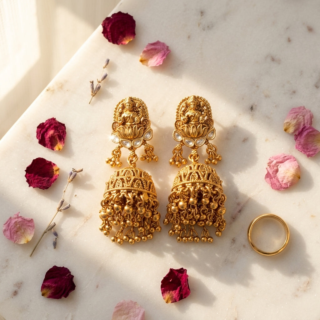 White Temple Lakshmi Lotus Jhumka Earrings - Tabletop