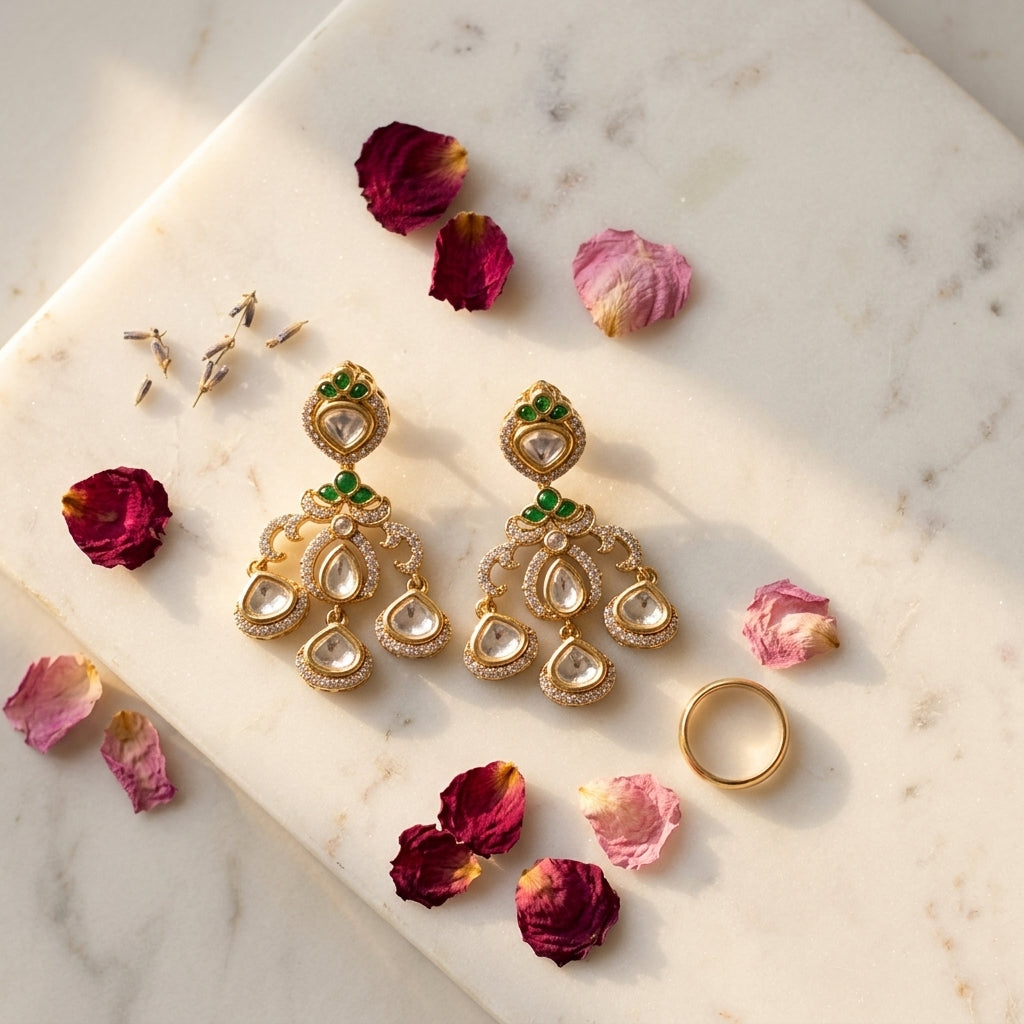 Green Heritage Kundan Earrings - Tabletop