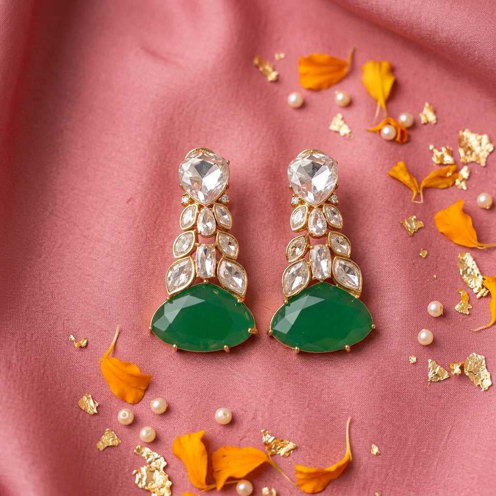 Green Stone Cluster Drop Earrings - Tabletop