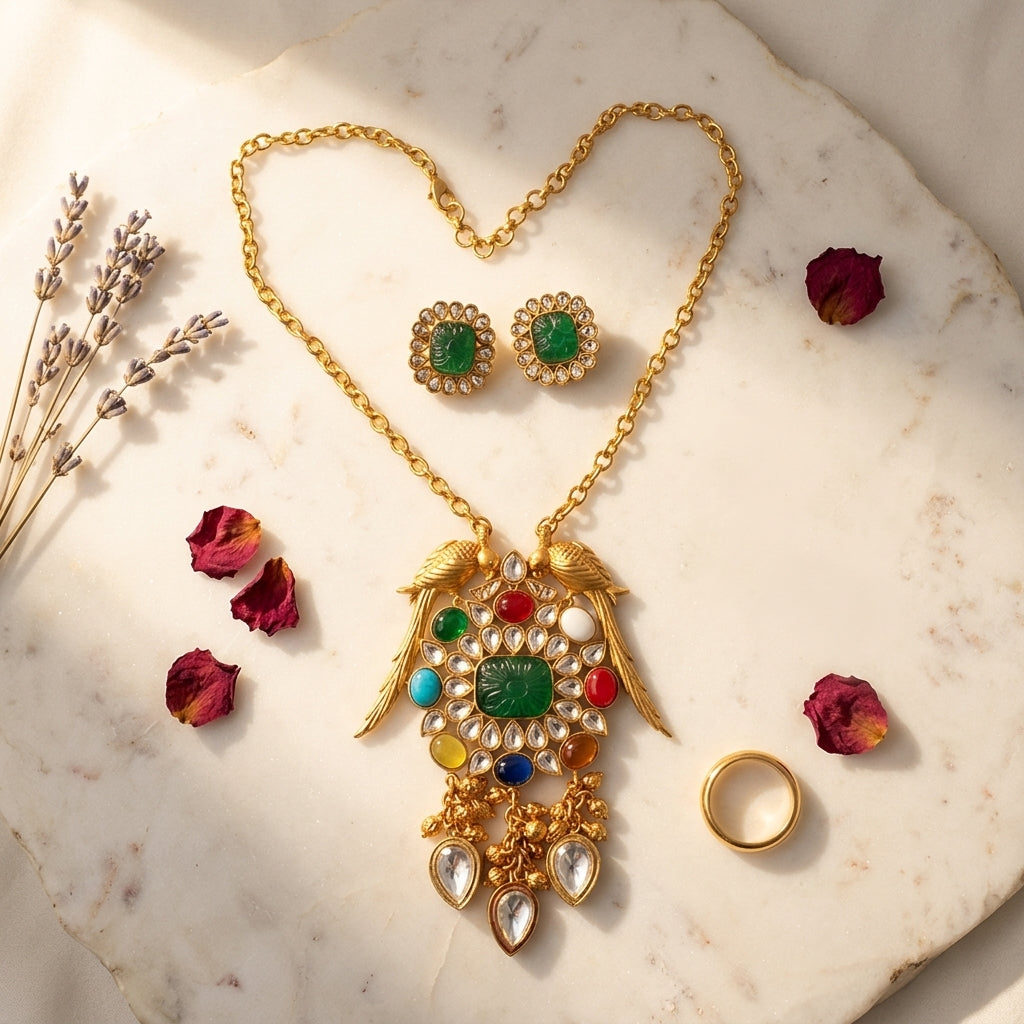 Green Parrot Carved Stone Necklace Set - Tabletop