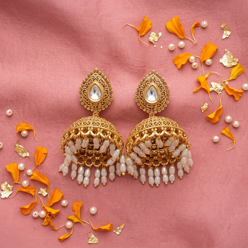 White Teardrop Filigree Jhumka Pair - Tabletop