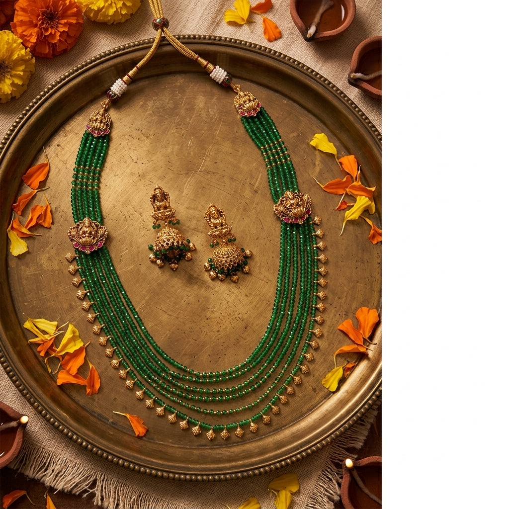 Green and Red Temple Goddess Necklace Set - Tabletop