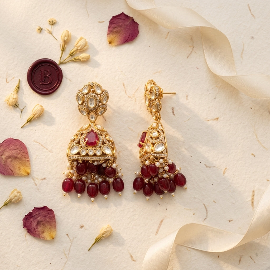 Ruby and Clear Ornate Floral Cluster Earrings - Tabletop
