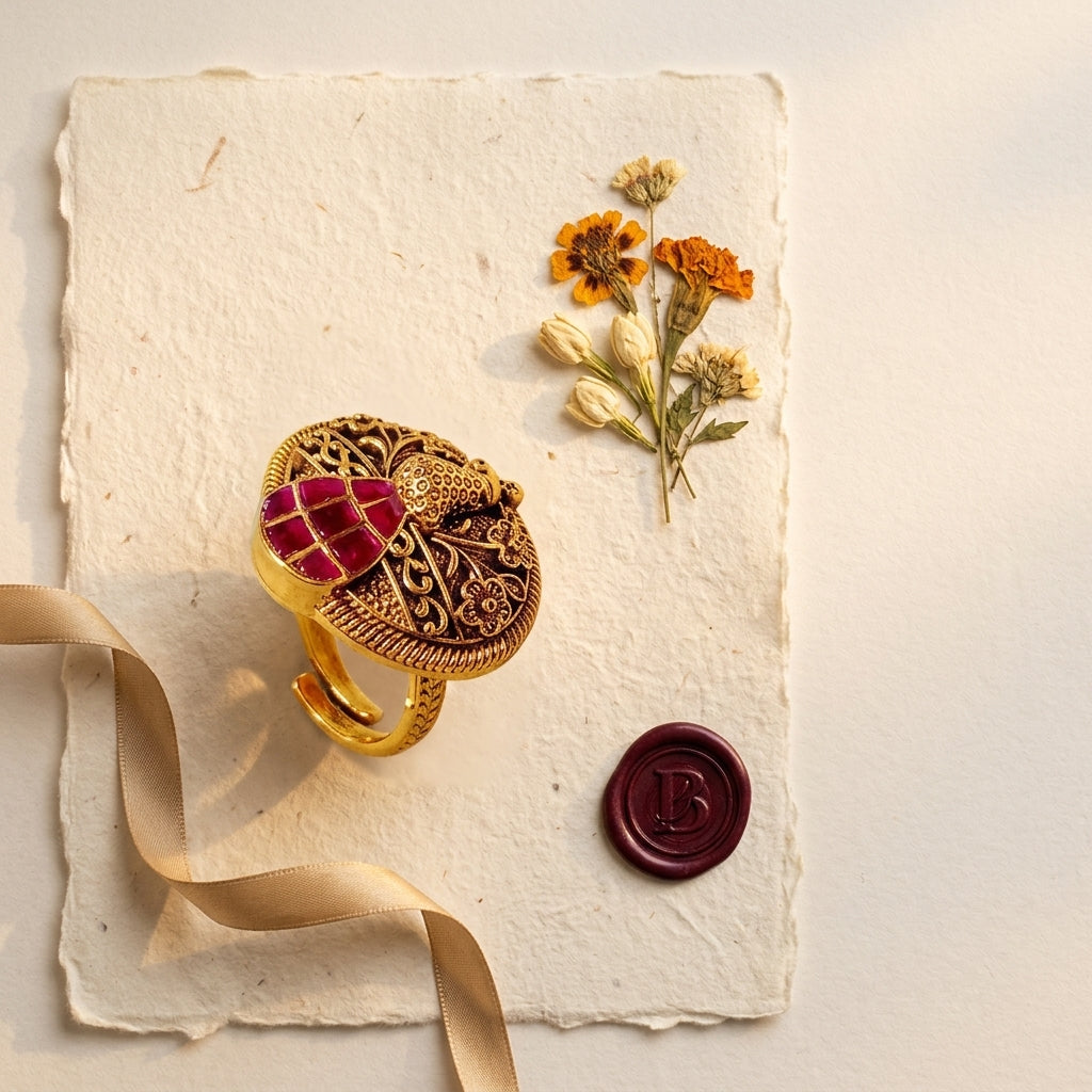 Ruby Filigree Floral Ring - Tabletop