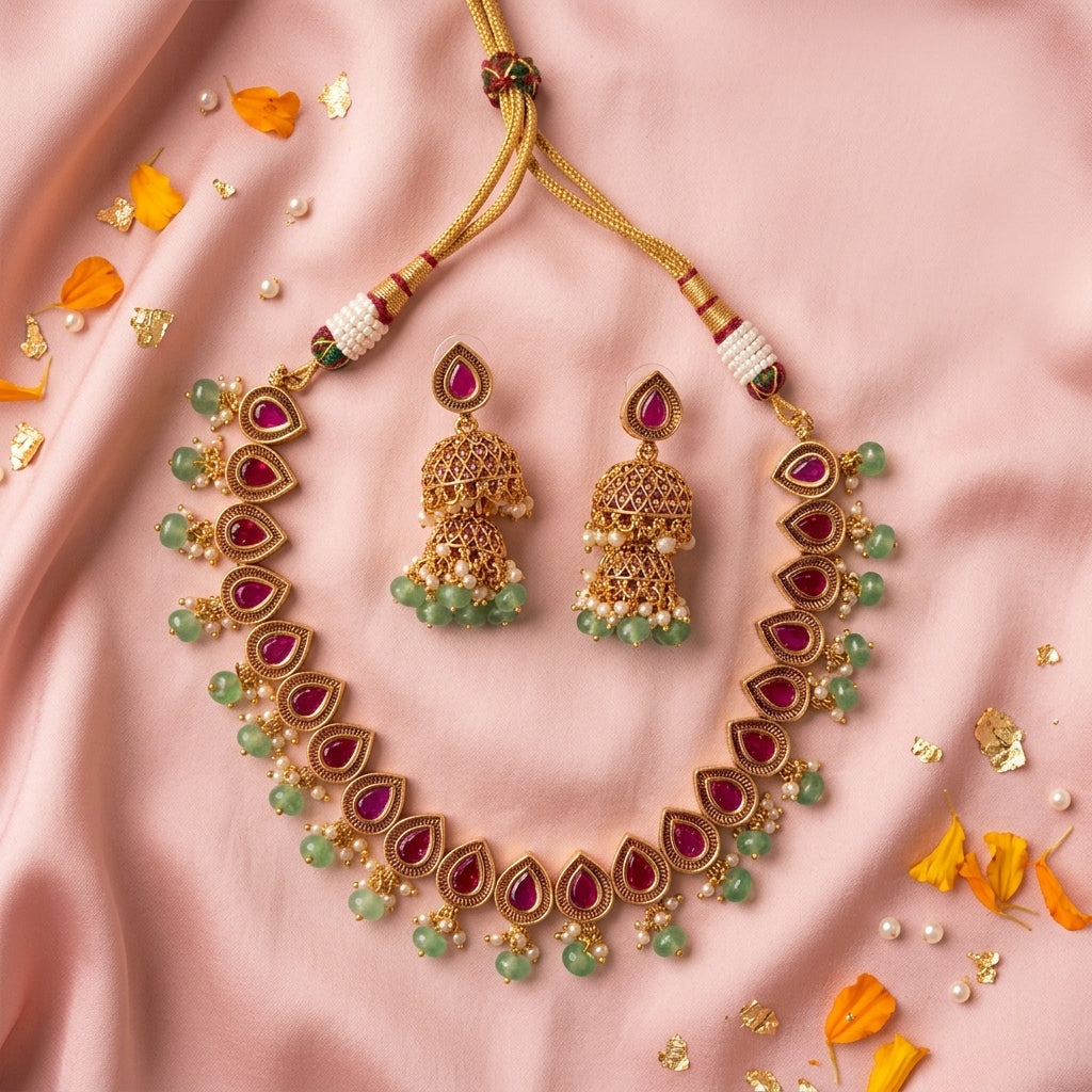Ruby Teardrop Motif Necklace Set - Tabletop