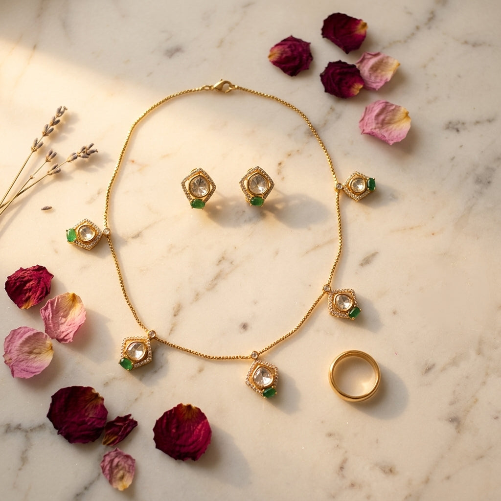 White and Green Geometric Polki Necklace Set - Tabletop