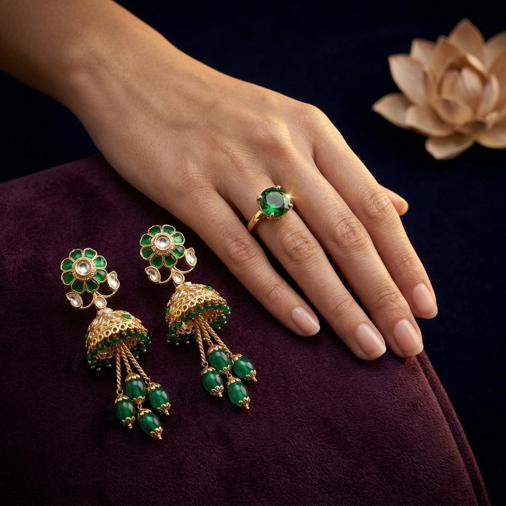 Green and Clear Floral Jhumka Earrings - Mannequin