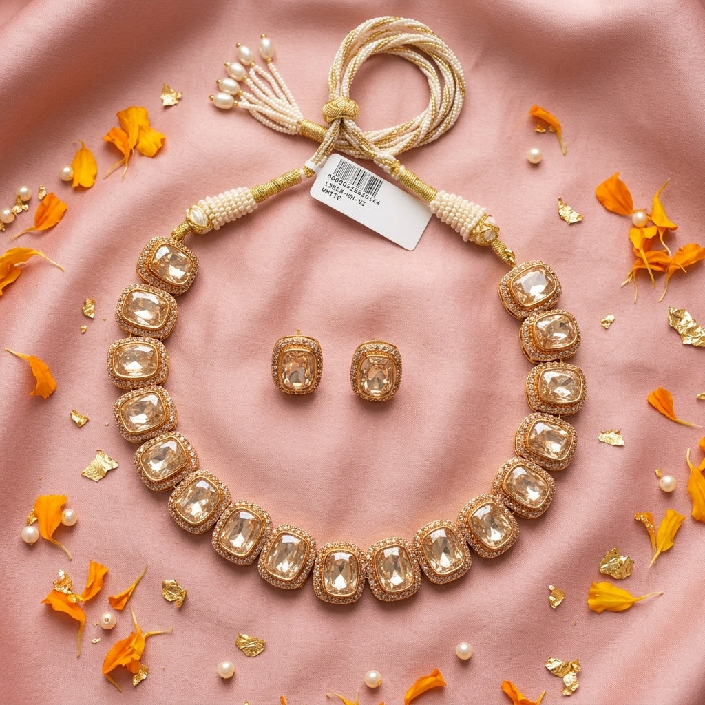 White Cushion Cluster Necklace Set - Tabletop