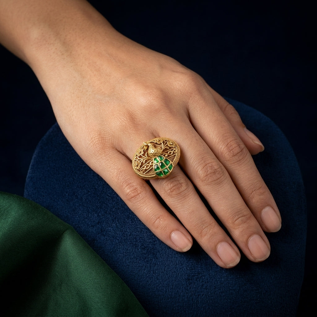 Green Peacock Floral Ring - Mannequin