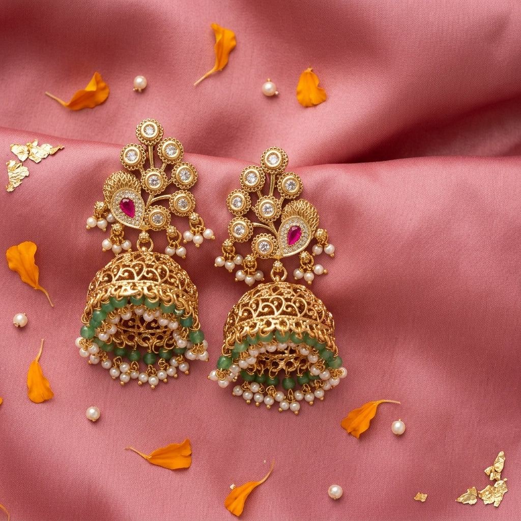 Multi Peacock Filigree Jhumka Earrings - Tabletop