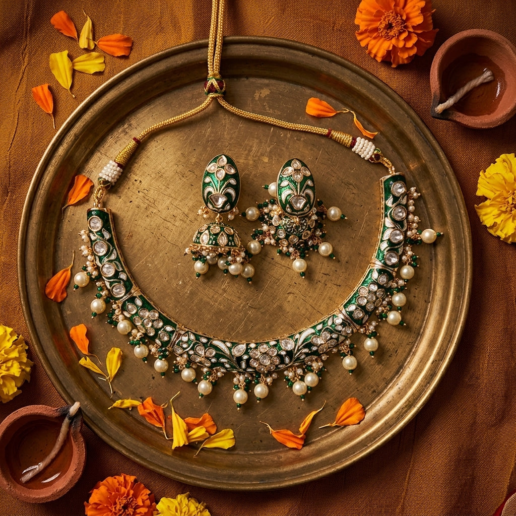 Gold Kundan Necklace Set - Tabletop