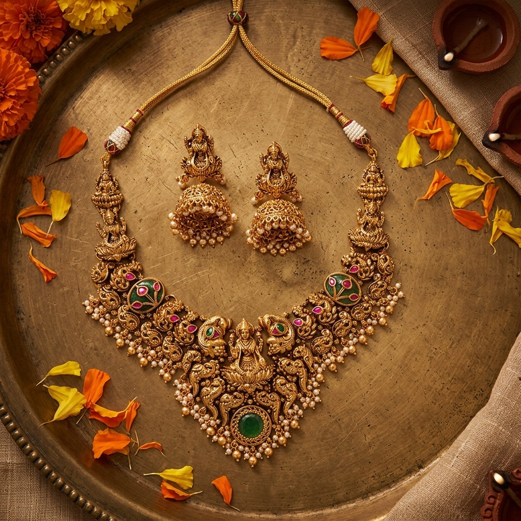 Multi Temple Lakshmi Floral Necklace Set - Tabletop