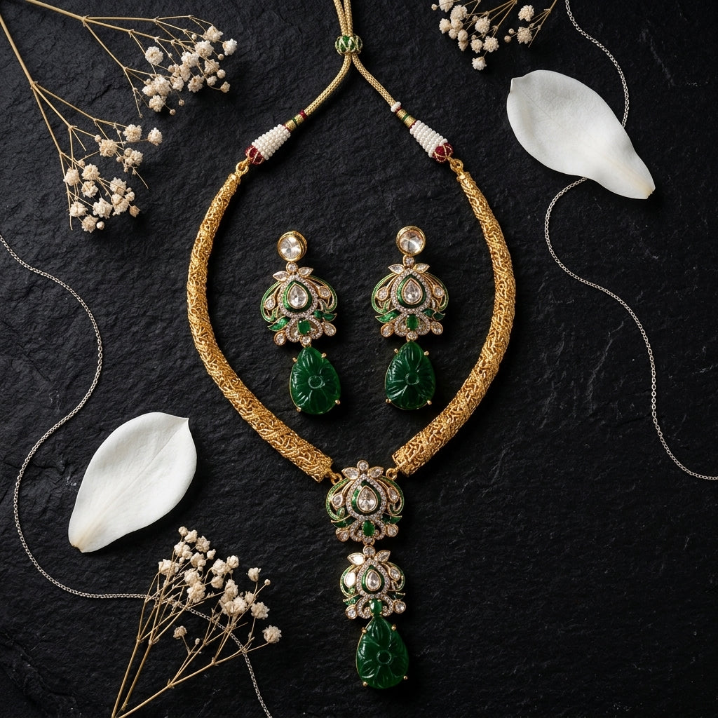 Green and Clear Floral Carved Necklace Set - Tabletop