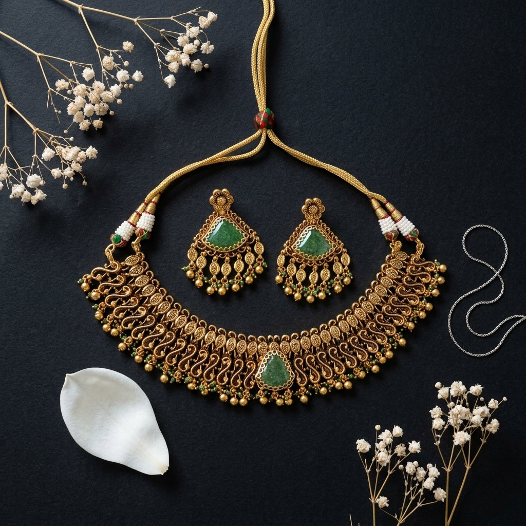 Green Intricate Scroll Necklace Set - Tabletop