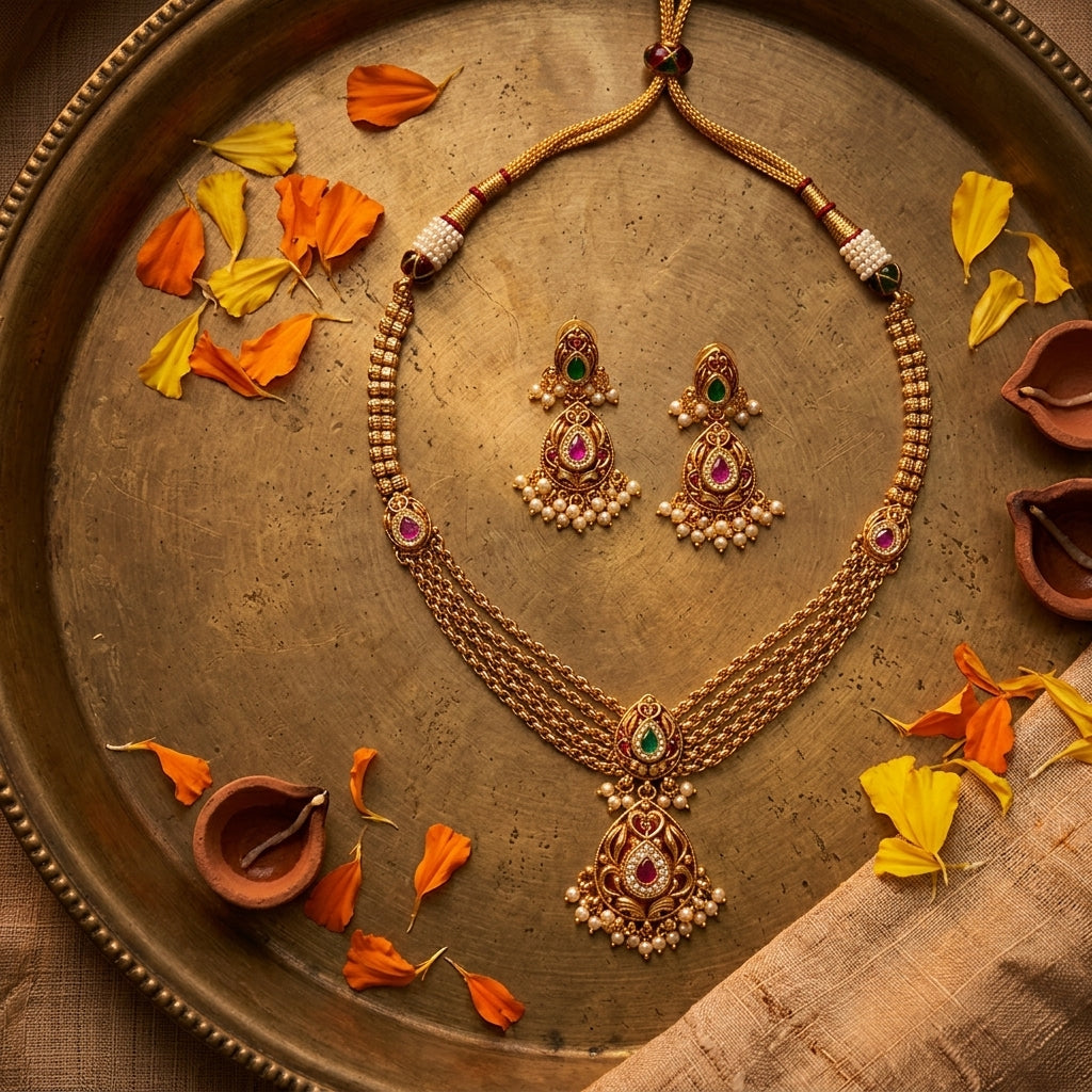 Ruby Green Tear-drop Motif Necklace Set - Tabletop