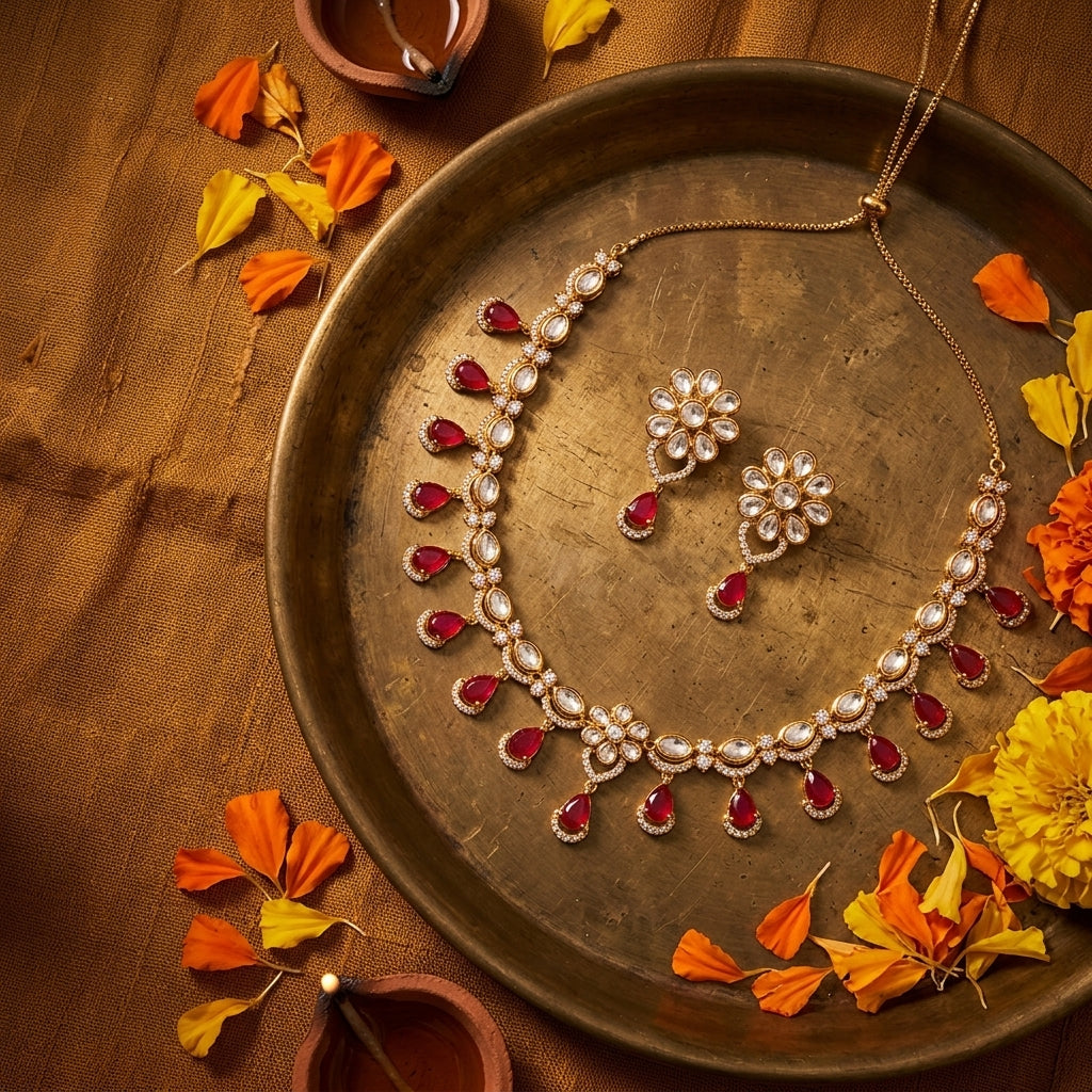 Ruby Red and White Floral Teardrop Necklace Set - Tabletop