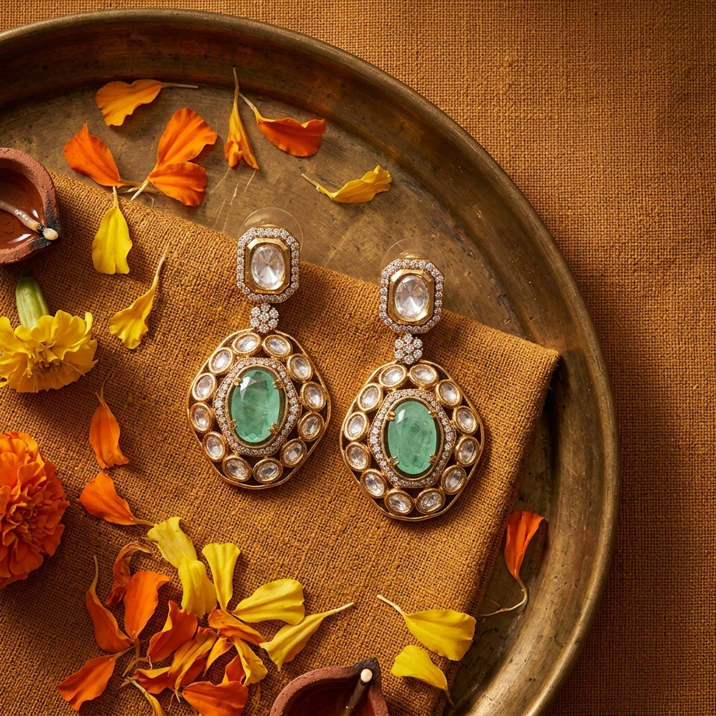 Gold Mint Kundan Earrings - Tabletop