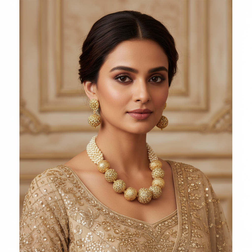Elegant Gold-Plated Filigree Ball Necklace Set with Pearl Accents