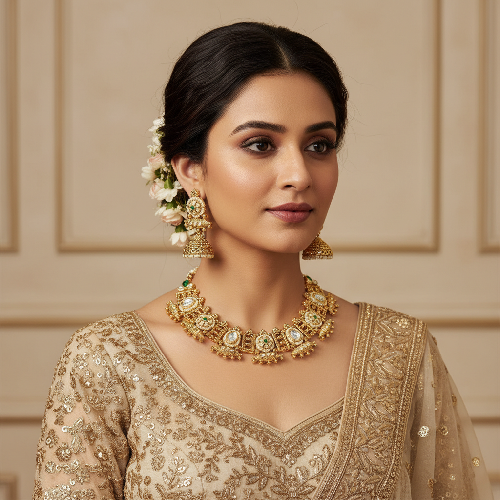 BeautiArt Kundan Pearl Choker Necklace Set with Jhumkas