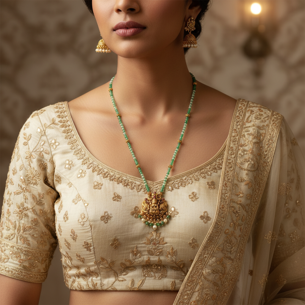 Elegant Green Bead Goddess Lakshmi Pendant Necklace Set with Jhumkas