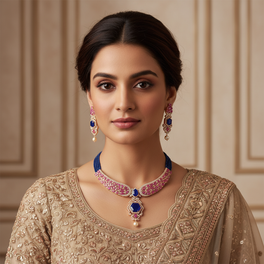 Indian Royal Blue Pink Stone Necklace & Earrings Set