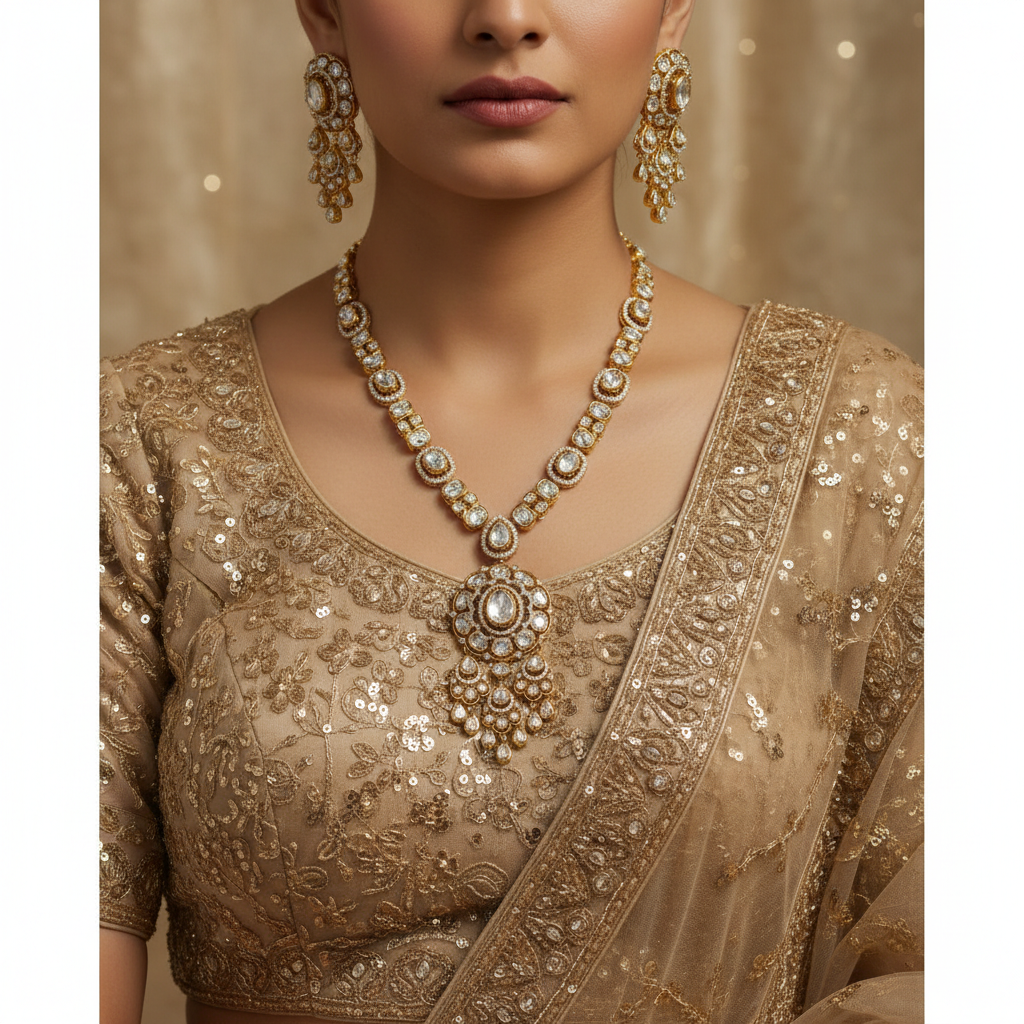 Exquisite Kundan Polki Long Necklace Set with Jhumka Earrings