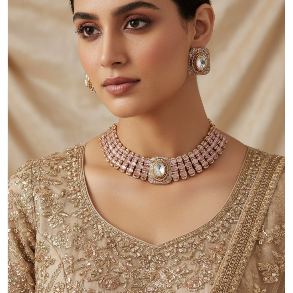 Elegant Pink Oval Gemstone Choker Necklace and Stud Earrings Set