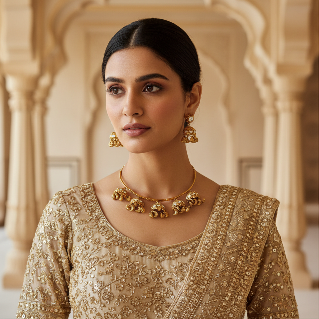 Elegant Gold-Plated Jhumka Charm Necklace and Earring Set with Kundan Stones