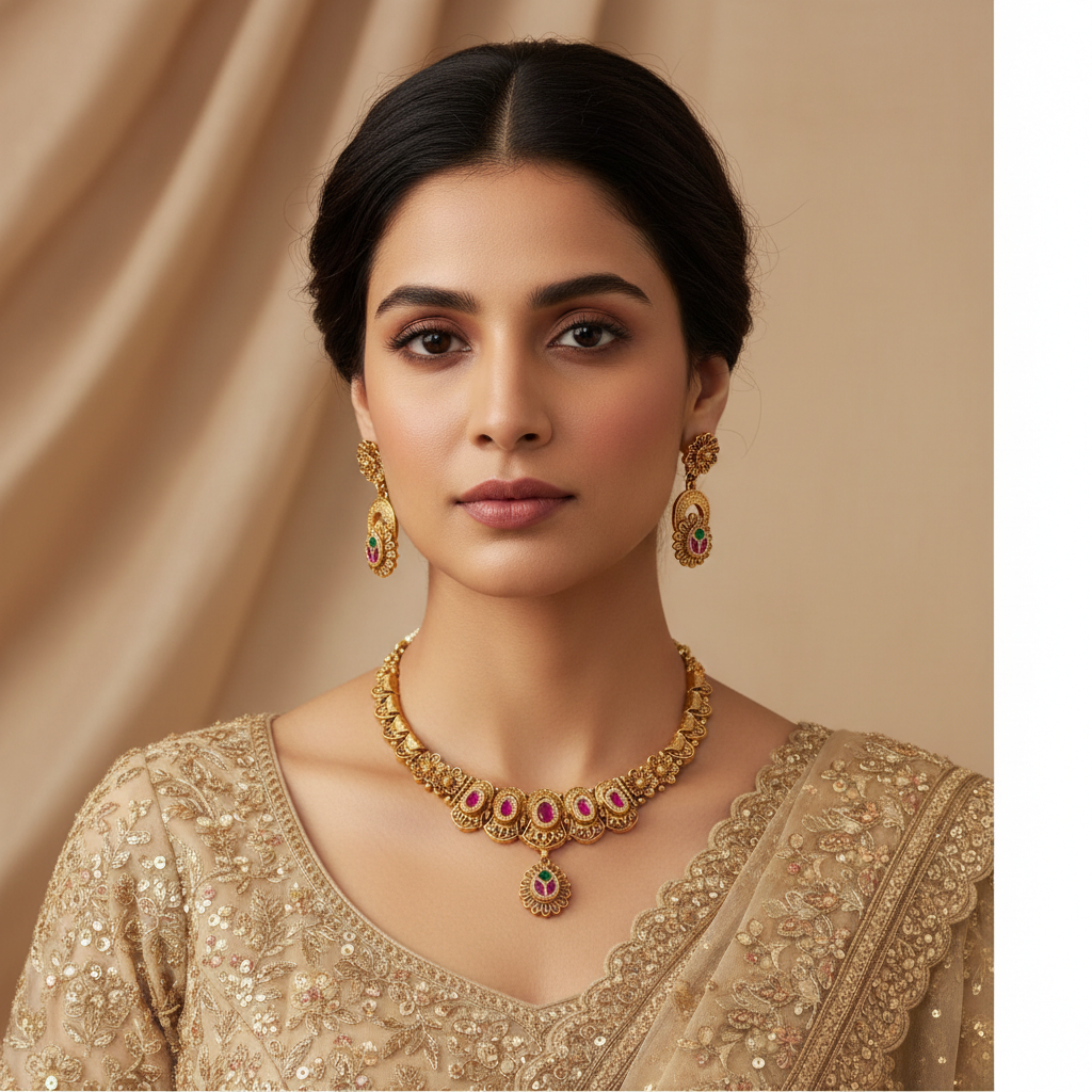 Exquisite Ruby and Green Traditional Gold-Plated Necklace Set
