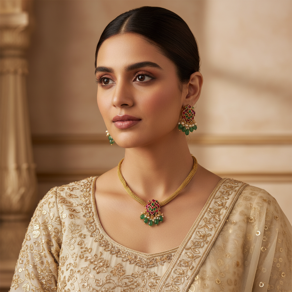 Traditional Ruby and Emerald Gold-Toned Choker Necklace Set