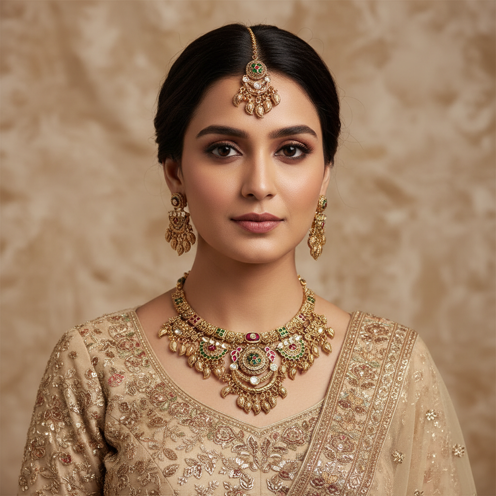 BeautiArt Antique Gold Ruby Emerald Choker Set & Maang Tikka