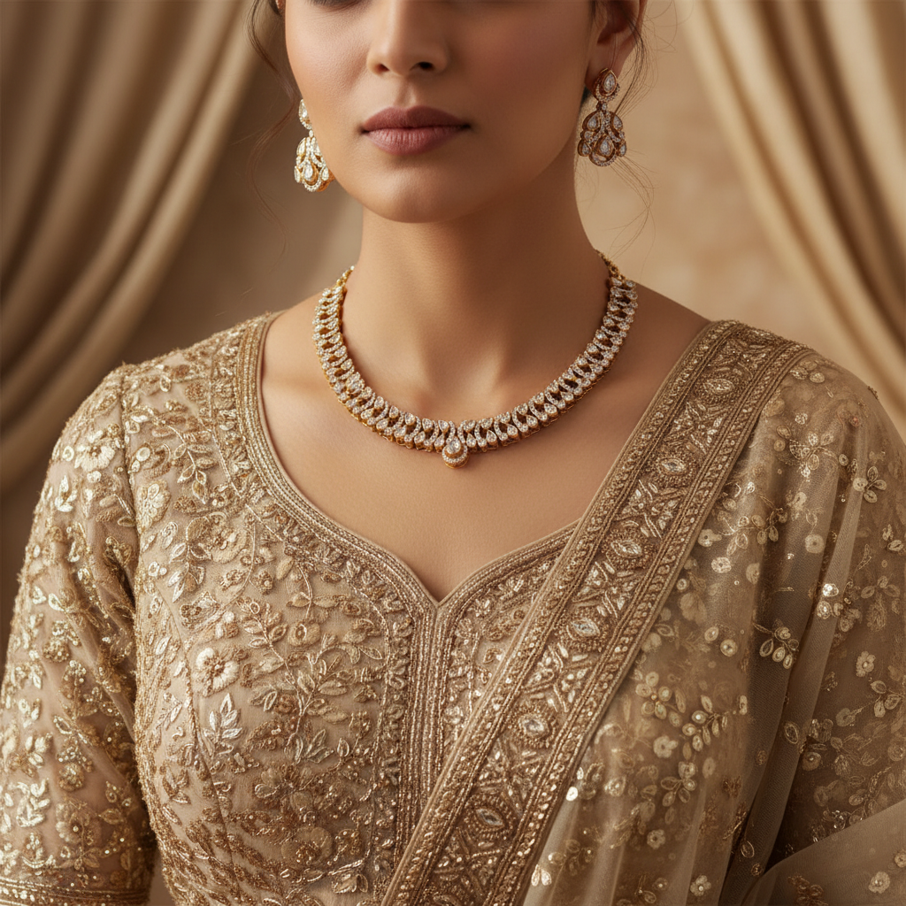 Elegant Gold-Plated Kundan & Zircon Choker Necklace Set with Earrings