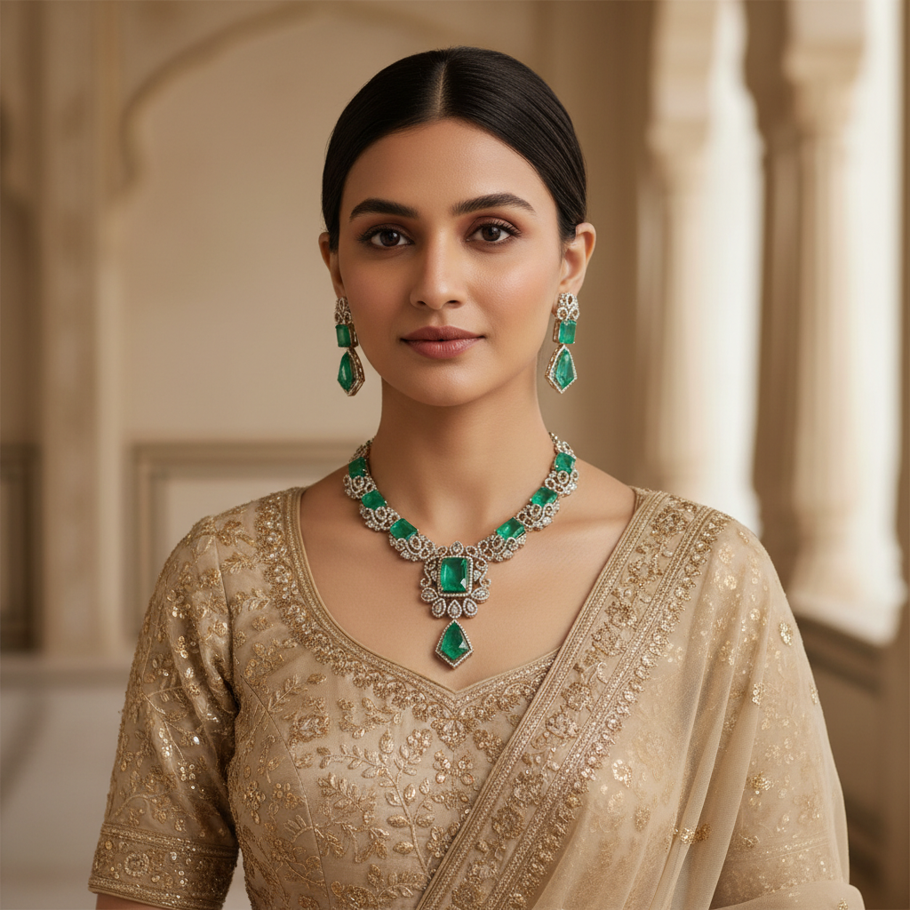 Emerald Green CZ Statement Necklace & Earrings Set - BeautiArt