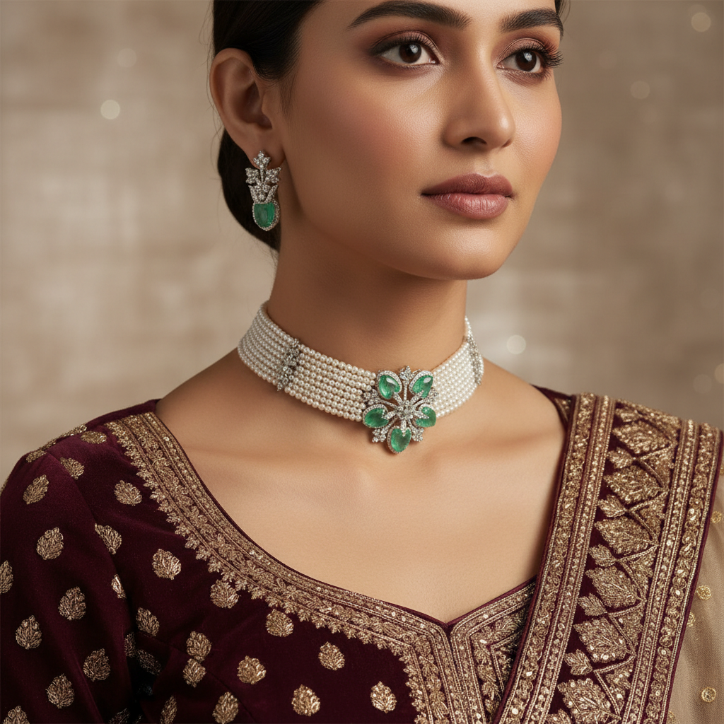 Elegant Emerald Green Floral Motif Pearl Choker Set with Matching Earrings