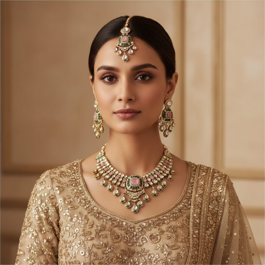 Elegant Kundan and Pearl Bridal Jewellery Set with Pink Accents