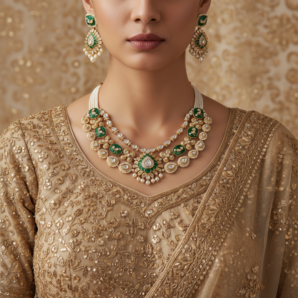 Luxurious Green Meenakari & Kundan Three-Layer Necklace Set