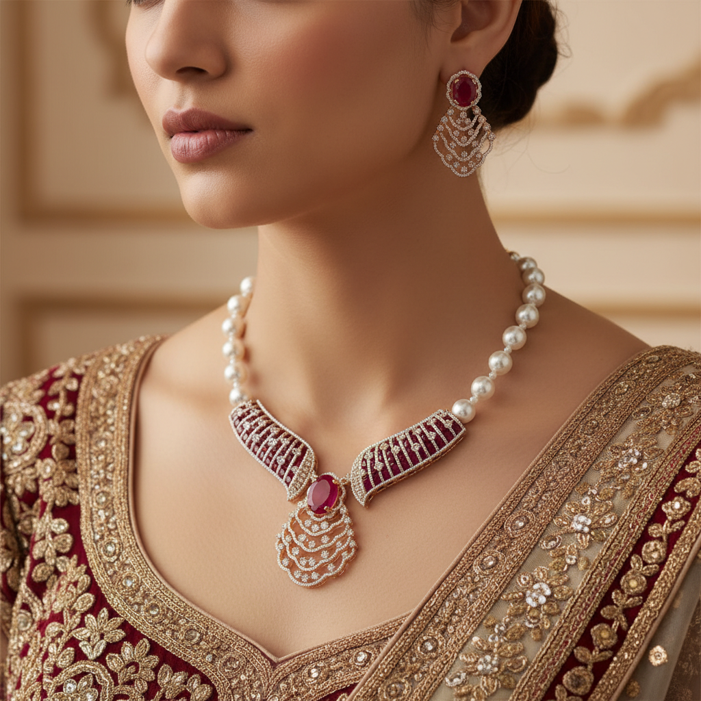 BeautiArt Ruby Red Pearl Statement Necklace & Earrings