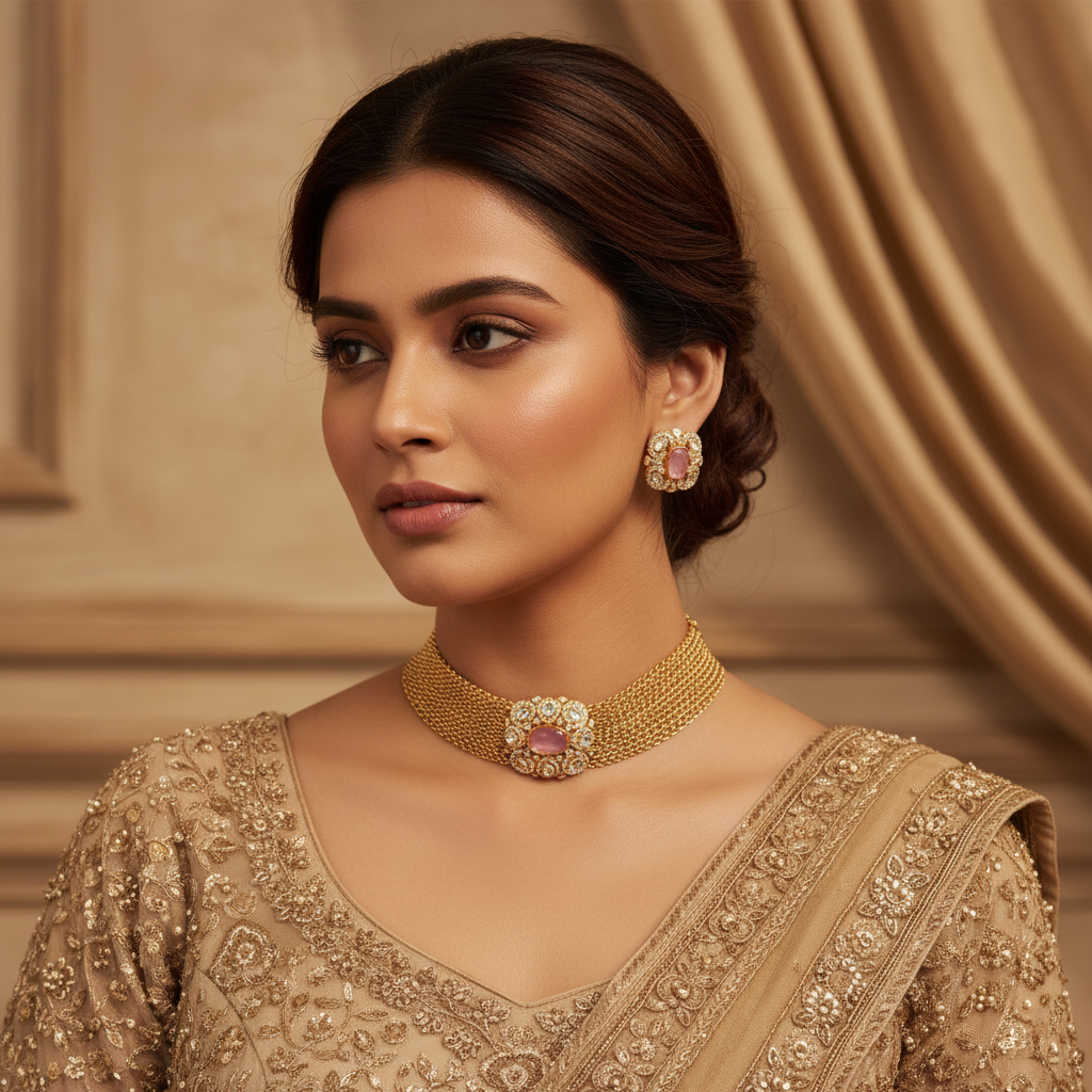 Rose Pink Kundan Stone Multi-Strand Gold-Plated Choker Set