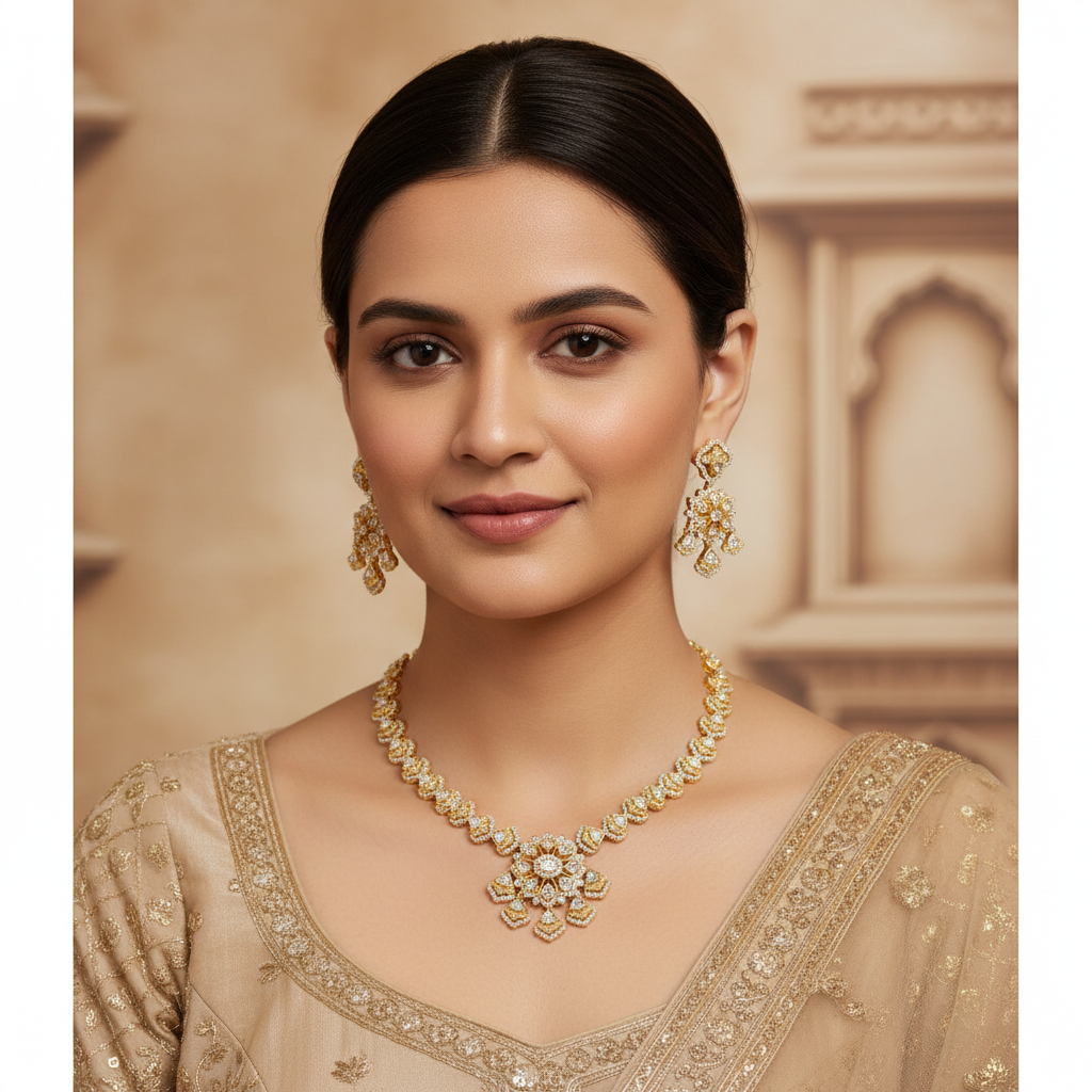Elegant Kundan Polki Gold-Plated Necklace and Earrings Jewelry Set