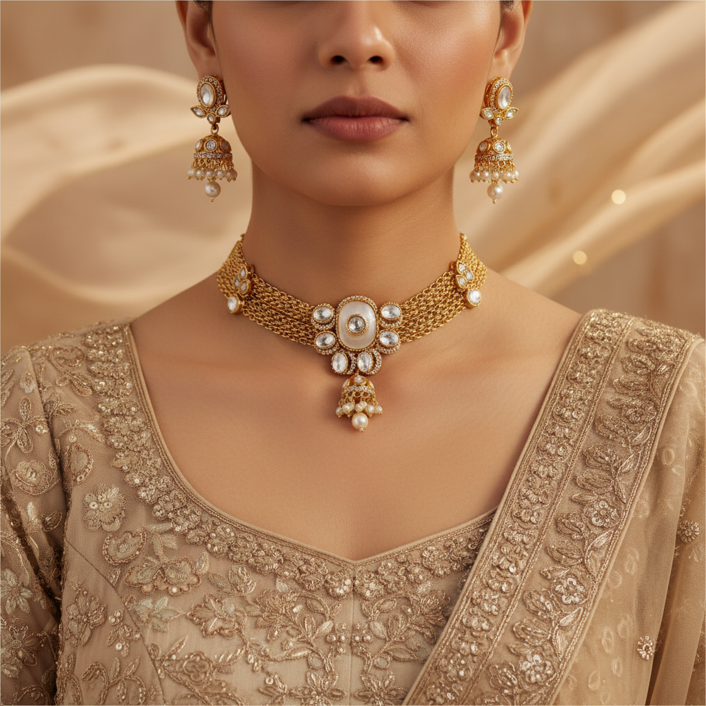 Elegant Gold-Plated Kundan Choker Necklace Set with Jhumka Earrings